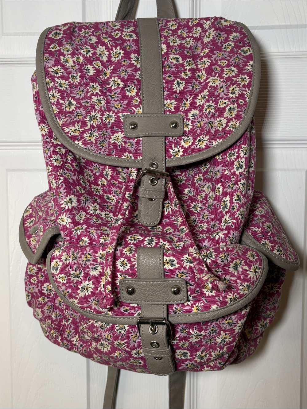 Candie's Pink Floral Canvas Backpack Vintage Y2K Boho School Bag Taupe Trim